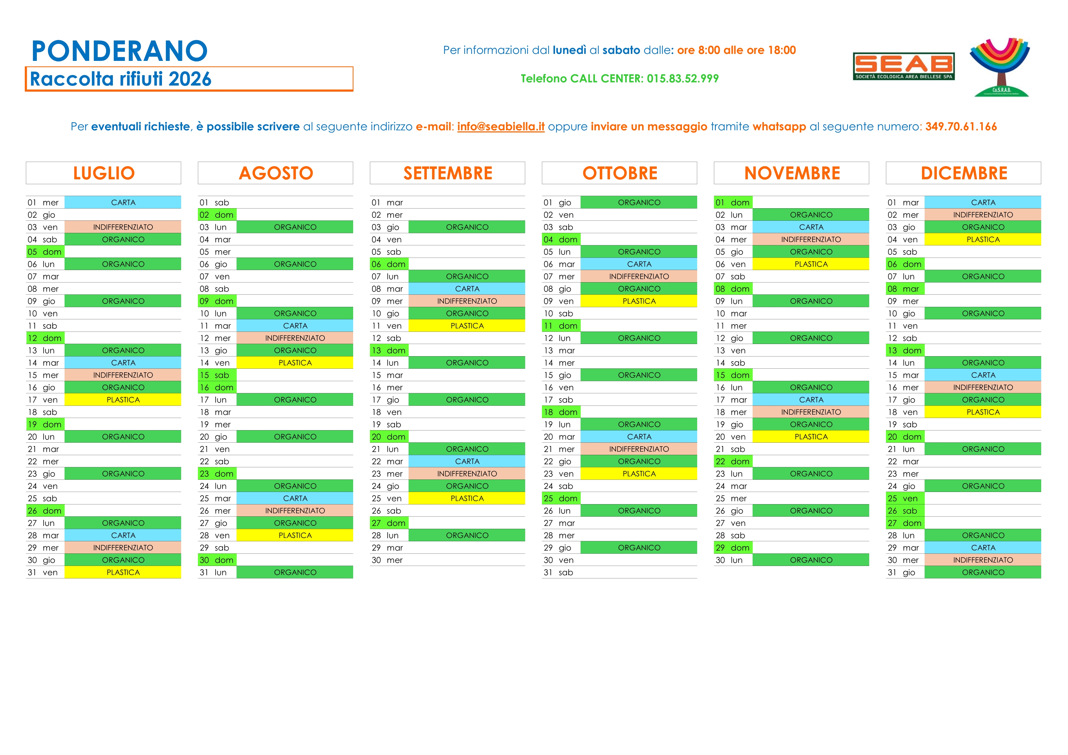 Calendario Raccolta Rifiuti Ponderano luglio-dicembre 2026: modifiche sia ai giorni di passaggio che alla frequenza della raccolta