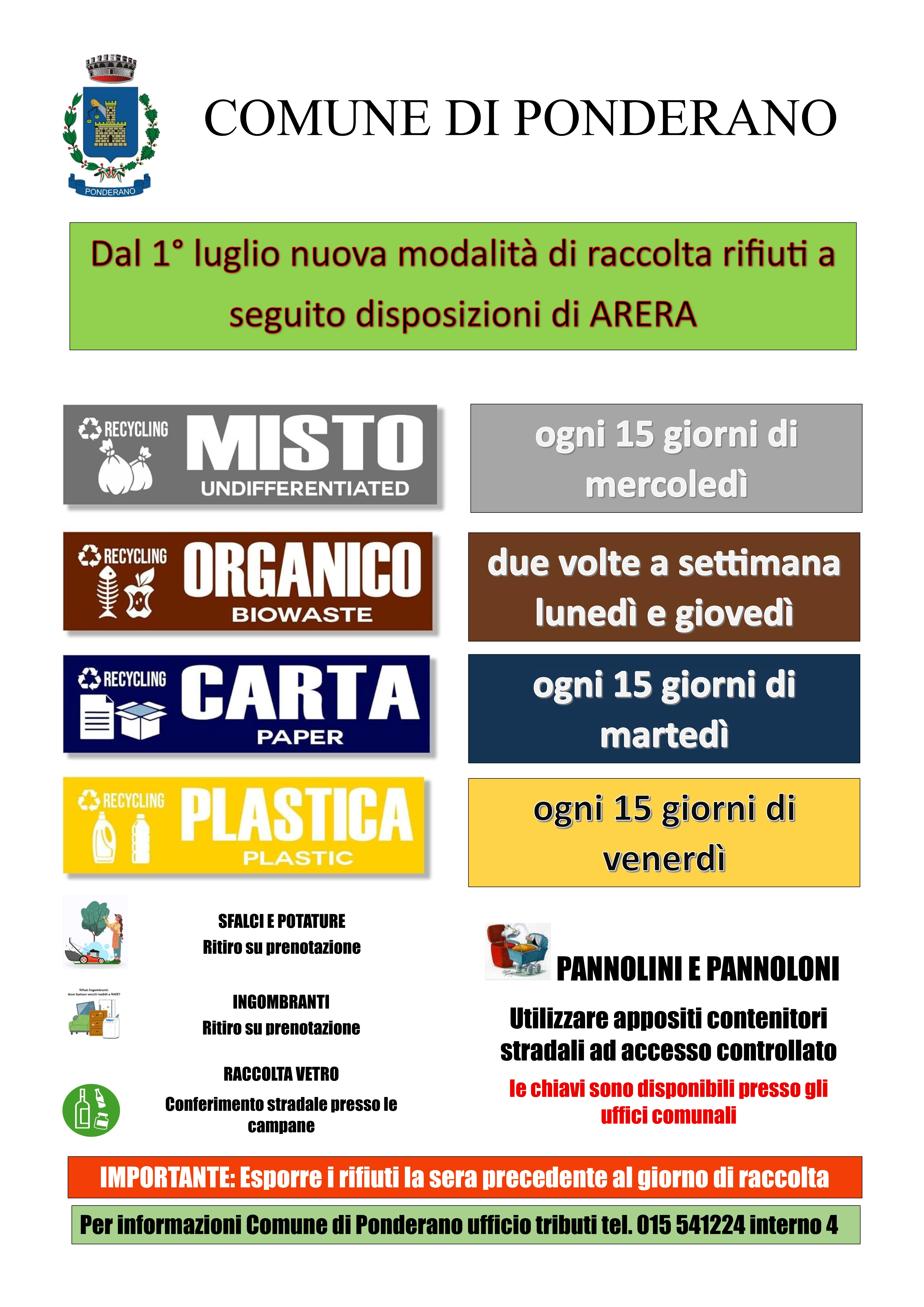 Calendario Raccolta Rifiuti Ponderano luglio-dicembre 2026: modifiche sia ai giorni di passaggio che alla frequenza della raccolta
